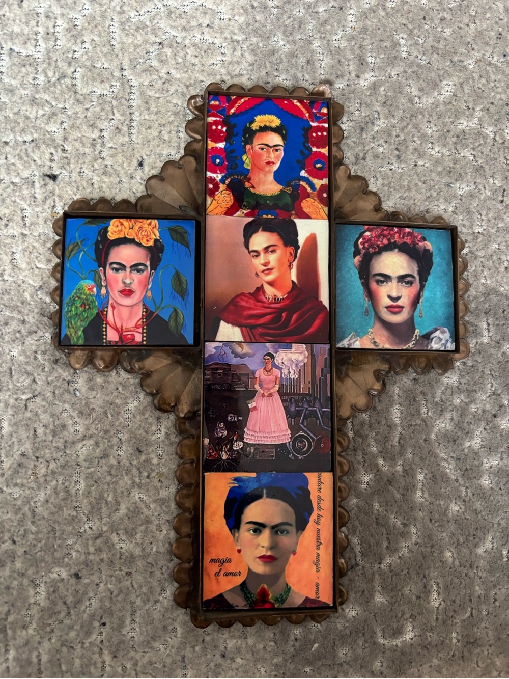 Frida Kahlo Multi-Panel Cross Wall Art - Vibrant Blue, Red, Orange